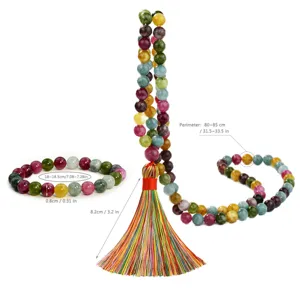 Ensemble de collier et bracelet de perles de priere en tourmaline avec pompon