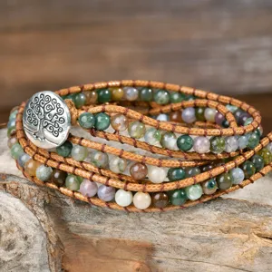 Handmade beaded wrap bracelet with natural Indian agate gemstones, leather cord and tree clasp.