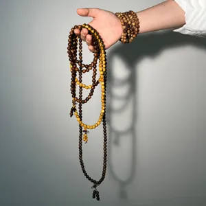 Retro wooden 108 mala beads bracelet, vintage buddhist prayer hand string jewelry for daily wear.