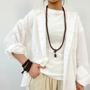 Vintage 108 wooden beads Buddha necklace and multi-layer bracelet set for daily wear.