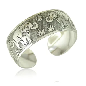Bracciale rigido largo con elefante in argento tibetano stile bohémien dettaglio gioiello