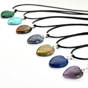 Natural stone heart pendant necklace with black leather cord for women fashion jewelry