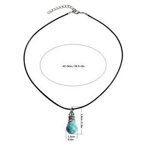 Retro Tibetan turquoise water drop pendant necklace with adjustable black cord chain.