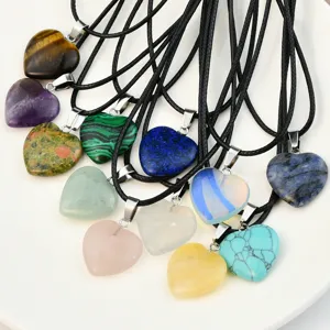 Natural stone heart pendant necklace with black leather cord, versatile fashion jewelry.