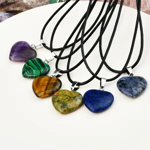 Natural stone heart pendant necklace set with black leather cord for women main view.