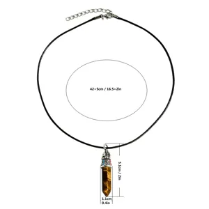 Tiger eye hexagonal pillar pendant black cord necklace detail view with size specs.