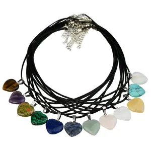 Natural stone heart pendant necklace set with black leather cord, fashion crystal jewelry for women.