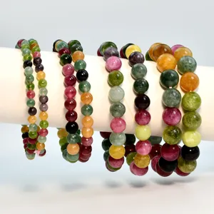 Natural multi-color tourmaline beaded bracelet for women, vibrant gemstone stretch jewelry