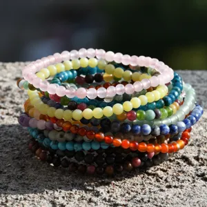 Natural stone beaded bracelets, 4mm multi-color gemstone stretch stackable jewelry for women.