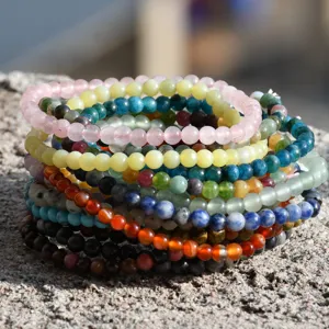 Colorful 4mm natural stone beaded bracelets stackable elastic crystal jewelry for women.