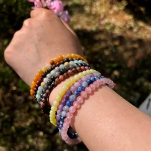 4mm natural gemstone beaded stackable bracelets set, colorful crystal elastic cord jewelry.