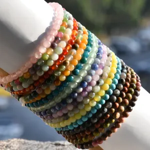 Close up of 4mm natural stone beaded stacking bracelets detail showing vibrant colorful gemstones.