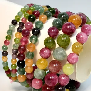 Natural Colorful Tourmaline Beaded Bracelet For Women Vintage Geometric Round Elastic Rope Crystal Strand Bracelet Fine Hand Jewelry