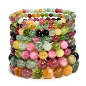 Natural multicolored tourmaline beaded bracelet elastic gemstone jewelry for women stackable