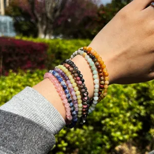 Natural stone beaded bracelet set for women, 4mm multi-color gemstone stacking elastic jewelry.