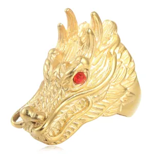 Vintage goudkleurige drakenkop ring met rode stenen, gedetailleerd punk roestvrij staal sieraden.