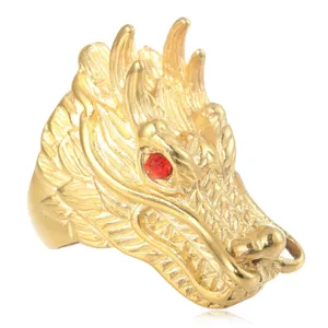 Gouden titanium staal draak ring voor heren, punk stijl retro dier sieraden, stoere ring.
