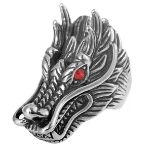 Vintage punk stijl roestvrijstalen drakenkop ring voor heren met rode kristallen ogen.