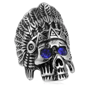 Vintage edelstahl Indianer Häuptling Totenkopf Ring mit blauen Kristallen für Herren.