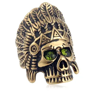Vintage Edelstahl Indischer Häuptling Totenkopf Ring mit Grünen Edelstein Augen Biker Schmuck