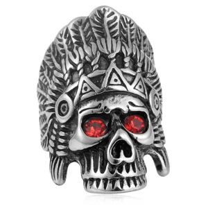 Vintage Edelstahl Totenkopf Ring mit rotem Edelstein, Indianer Häuptling Biker Ring für Herren.