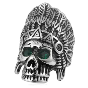Retro Titanstahl Indianerhäuptling Totenkopf Ring Für Herren Punk Gothic Strass Auge Galvanisiert Biker Ring Schmuck Geschenk