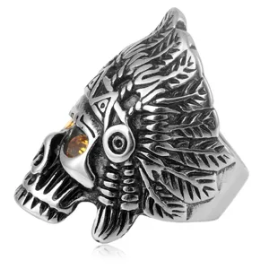 Antiker Edelstahl Indianer Häuptling Totenkopf Ring für Herren mit Bernsteinkristall