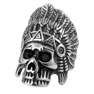 Vintage Edelstahl Totenkopf Ring für Herren, im retro Indianer Häuptling Biker Ring Schmuck.