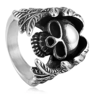 Retro stainless steel skull ring detail shot showcasing wing feather texture and gothic design