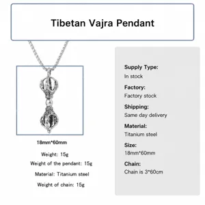 Stainless steel punk style vajra pillar pendant necklace size chart and specifications.