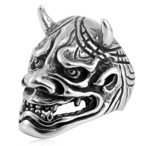Men's retro stainless steel Hannya demon mask ring, punk rock gothic biker jewelry ring.