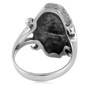 Gothic vintage titanium steel skull coffin ring detail close-up, punk rock men jewelry.