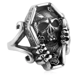 Gothic skull coffin ring detail shot, retro punk titanium steel metal texture men jewelry close-up