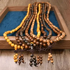 Retro Wood Buddhist Prayer Beads Bracelet Multi-layer Sandalwood Pearwood Beaded Long Necklace Classical Meditation Jewelry Unisex Hand Chain Gift