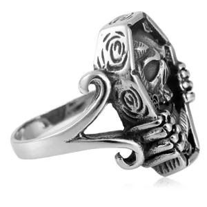 Gothic style stainless steel coffin skull ring for men, vintage carved biker jewelry accessory.