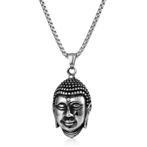 Collar Con Colgante de Cabeza de Buda de Acero de Titanio Vintage para Hombres Retro Punk Acero Inoxidable Religioso Shakyamuni Joyería