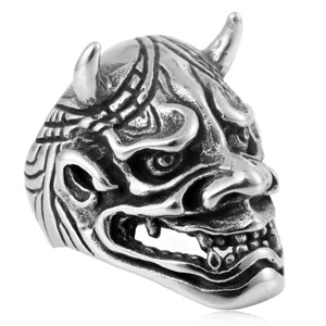 Vintage stainless steel devil mask ring for men, cool gothic punk biker statement ring.