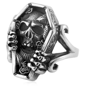 Gothic Skull Coffin Men Ring Vintage Punk Titanium Steel Biker Jewelry Accessory