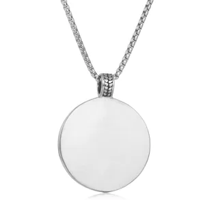 Detailed close-up shot of a classic stainless steel round pendant necklace with a box chain.
