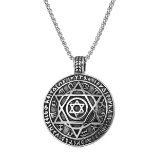 Punk retro stainless steel hexagram round pendant necklace for men fashion jewelry