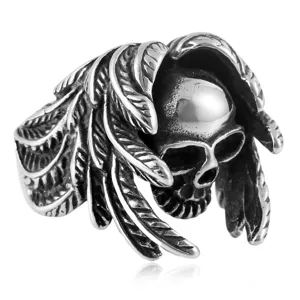 Vintage titanium steel skull wing ring for men, retro gothic biker jewelry accessory.