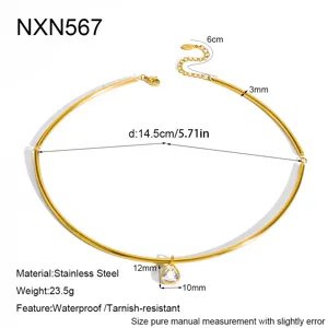 Collier ras de cou minimaliste en acier inoxydable zircon goutte avec dimensions détaillées.