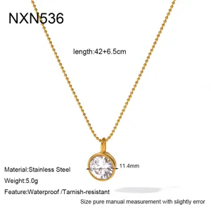 Minimalist 18k gold plated stainless steel round cubic zirconia pendant ball chain necklace.
