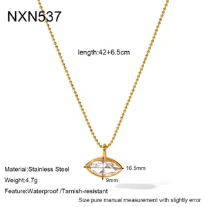 Stainless steel bead chain necklace with marquise zircon pendant detail view 42+6.5cm