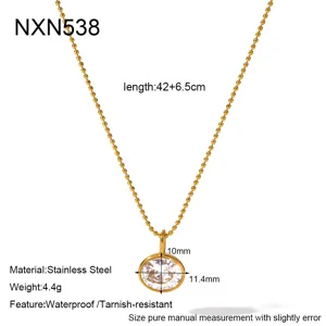 Minimalist stainless steel beaded chain necklace with round zircon pendant, 42+6.5cm length.