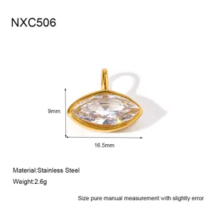 Stainless steel marquise white zirconia pendant detail view, size 16.5x9mm, weight 2.6g.