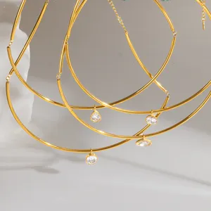 Collier Pendentif Zirconia en Acier Inoxydable Minimaliste Torque Géométrique Tube Rond Plaqué Or Bijoux pour Femmes