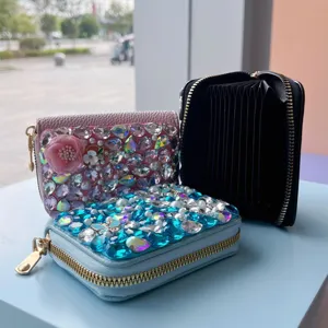 Women rhinestone card holder zipper wallet cute floral coin purse multi-slot card case