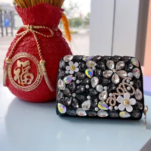 Women PU Leather Long Wallet Rhinestone Pearl Bow Zipper Card Holder Chic Designer Style Clutch Purse