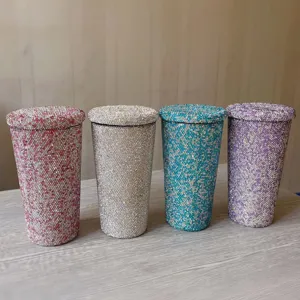 Stainless Steel Rhinestone Tumbler Vacuum Insulated Water Cup With Straw Sparkling Crystal Coffee Mug For Women